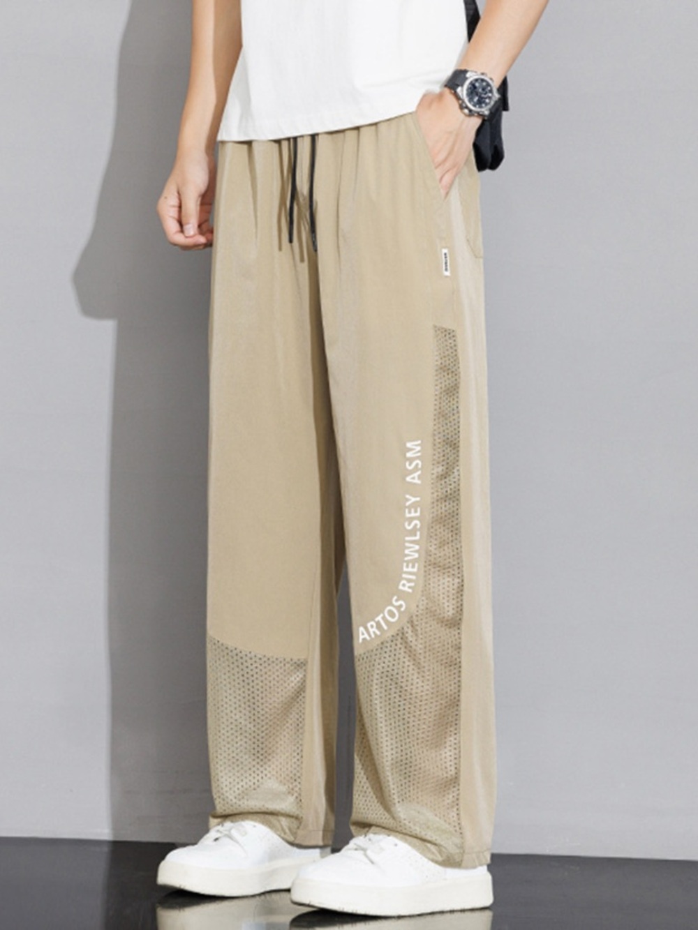 Men's Plus Size Drawstring Wide Leg Mesh Panel Pants - Picture 5 of 6